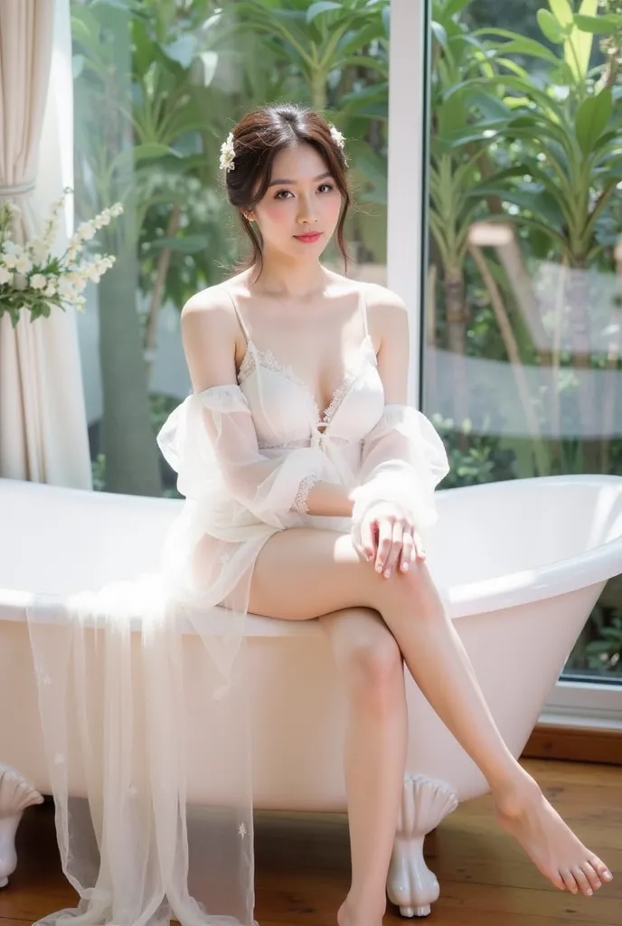 a young woman sitting elegantly on the edge of a white vintage bathtub. She is wearing a delicate white lace outfit with sheer, flowing sleeves, and the fabric drapes gracefully onto the floor. Her hair is styled in a loose, elegant updo adorned with small...