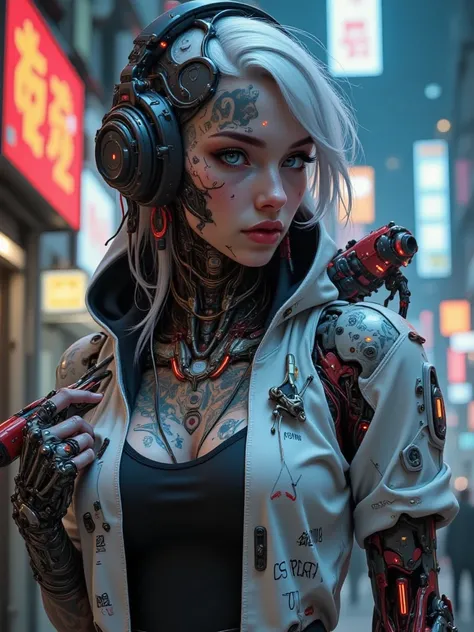 Beautiful Big Breasted Girl, Lip and Nose Piercing, Headphone, Body Full of Colorful Tattoos, Hoodie with Pictures and Writings, Right Hand Holding a Red Sword Full of Carvings and Left Hand Pointing a Gun. Sparrow Robot Perched on Shoulder.
random backgro...