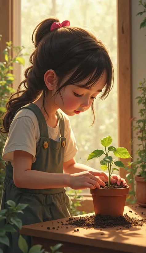 "Close-up view of the hands of a young girl carefully planting seed in the soil of a small pot, as a gentle light shines down on her from the window."