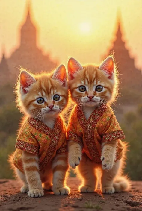 "Two golden-colored kittens with fluffy fur and big, expressive eyes, dressed in traditional Burmese outfits (Myanmar dress). They are standing side by side in a simple, elegant pose, with a background inspired by the ancient city of Bagan, showcasing its ...