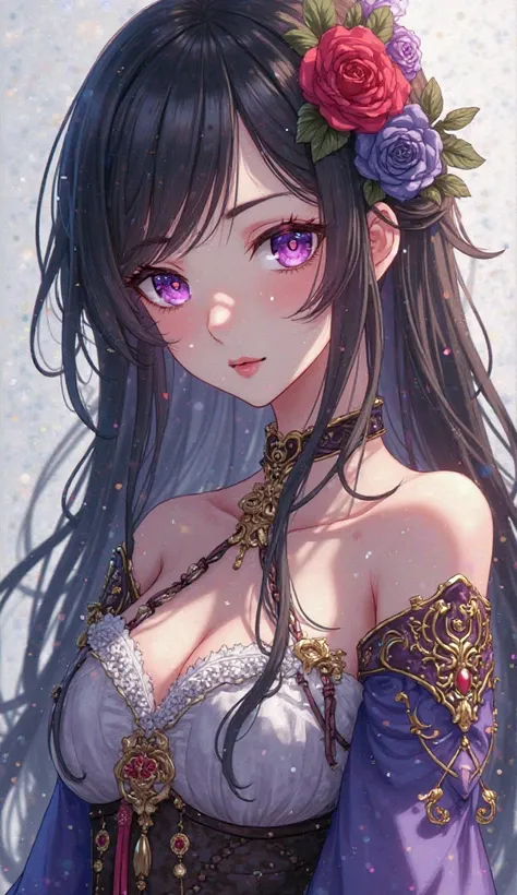  anime girl t-shirt , pale skin, purple eyes shirt, dark brown hair, with medieval clothes