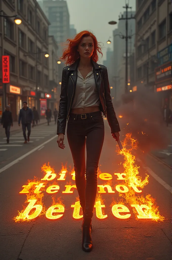 A red haired woman lighting a match dropping it on the pavement where the words bitter not better light up in flames as she smiles turns and walks away 