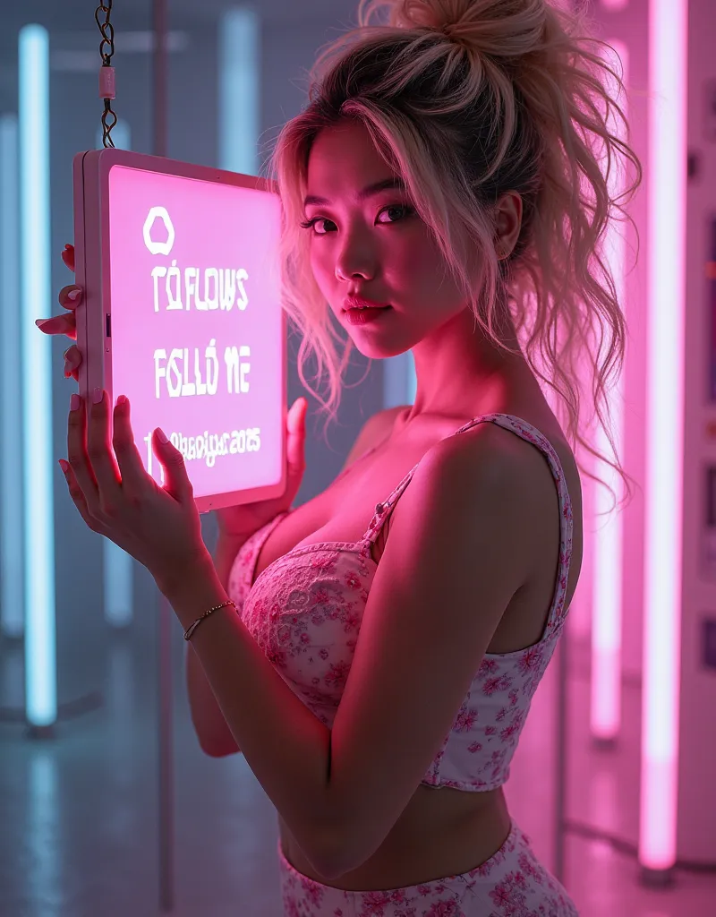 ((((Fukk body)))), Beautiful Asian woman with tight frizzy curls, messy space bun champagne blonde hair and platinum hair roots, 2-piece summer dress, 38HHH cup brerasts, bubble butt, holding a cyberpunk pink hologram visionboard with text "Follow me on FA...