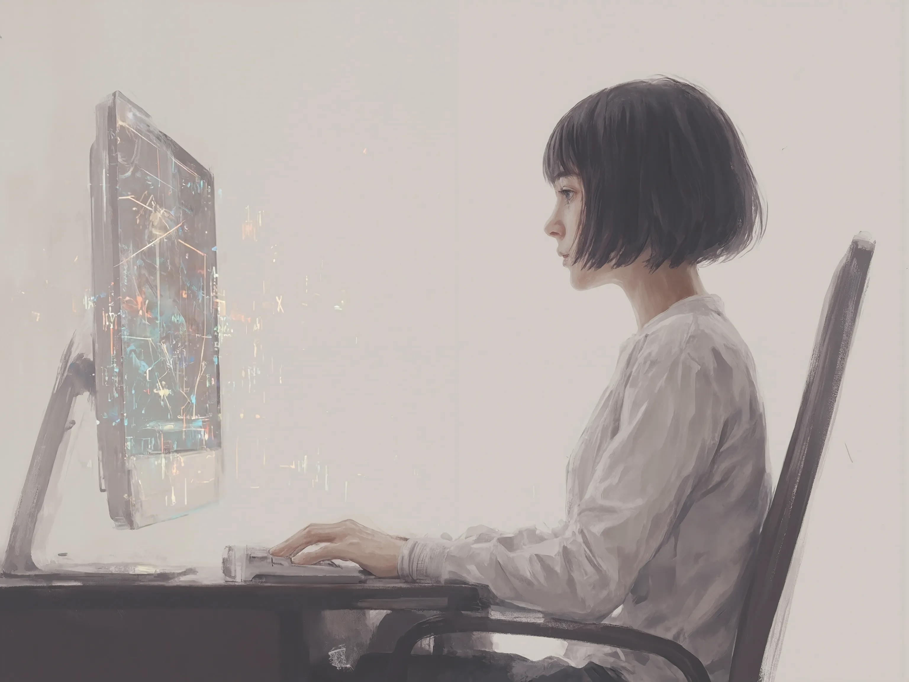 masterpiece、best quality,Alone,a girl,bob short hair, sitting on the desk,she is watching a desk top,monitor details,digital symbols influenced by abstract paintings are written、Minimalism influenced by abstract painting