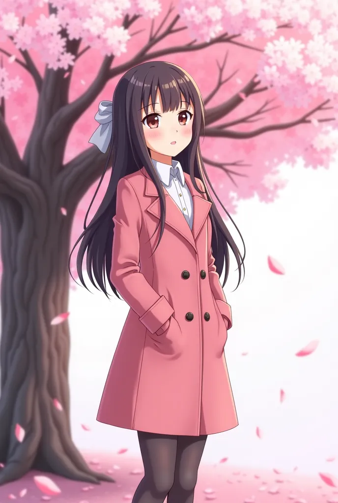  Anime Girl in pink coat standing in front of a tree with pink flowers, cute girl anime visual, cute  Anime Girl,  cherry blossom petals around her , beautiful  Anime Girl, pretty  Anime Girl, young  Anime Girl, ( Anime Girl), an  Anime Girl,  Anime Girl w...