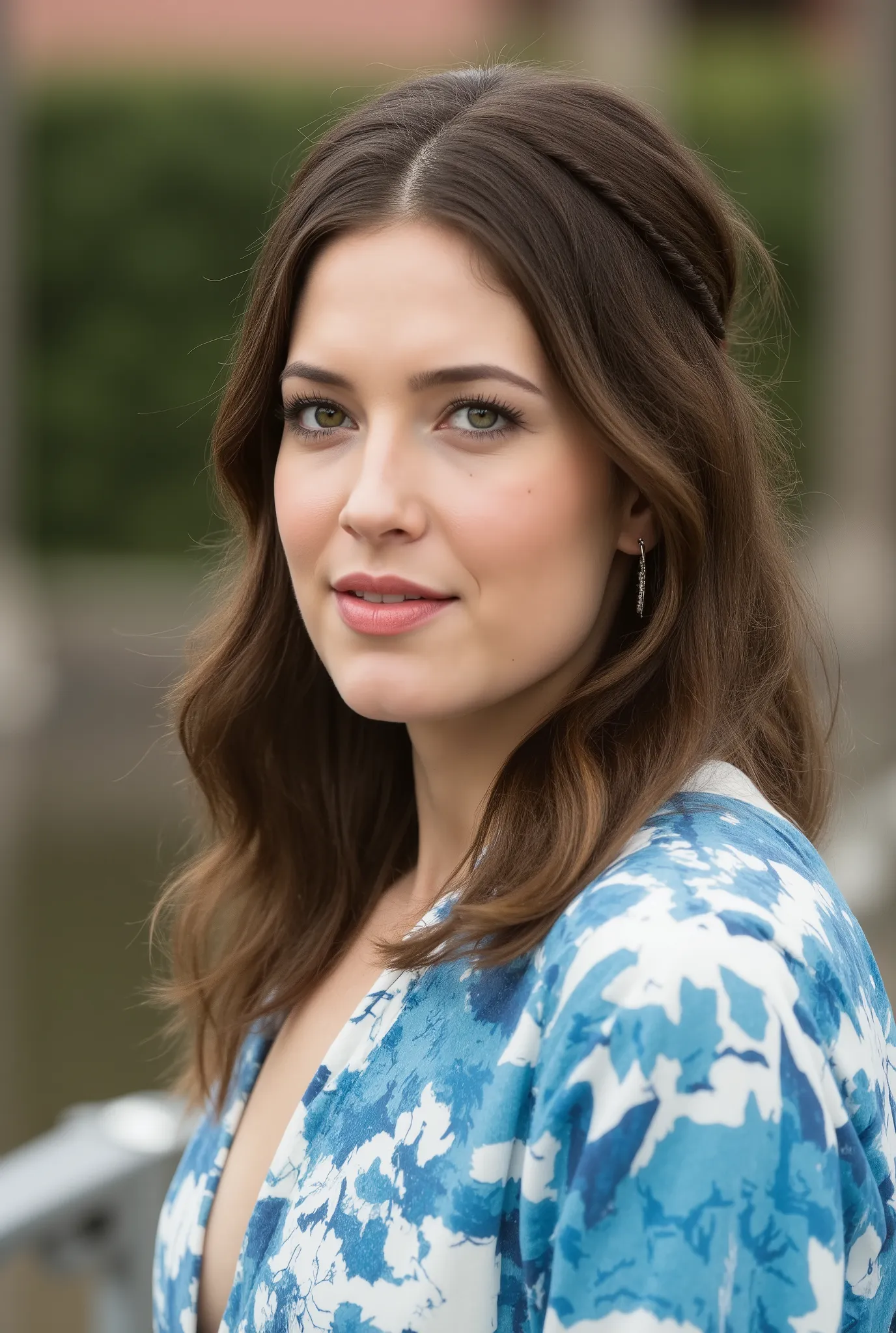 best quality, highres, 8k, masterpiece, photography, detailed midbody photorealistic portrait. Mandy Moore wears a blue yukata featuring a traditional mountain landscape motif, symbolizing the natural beauty of Kyoto. The fabric is light and breathable, pe...