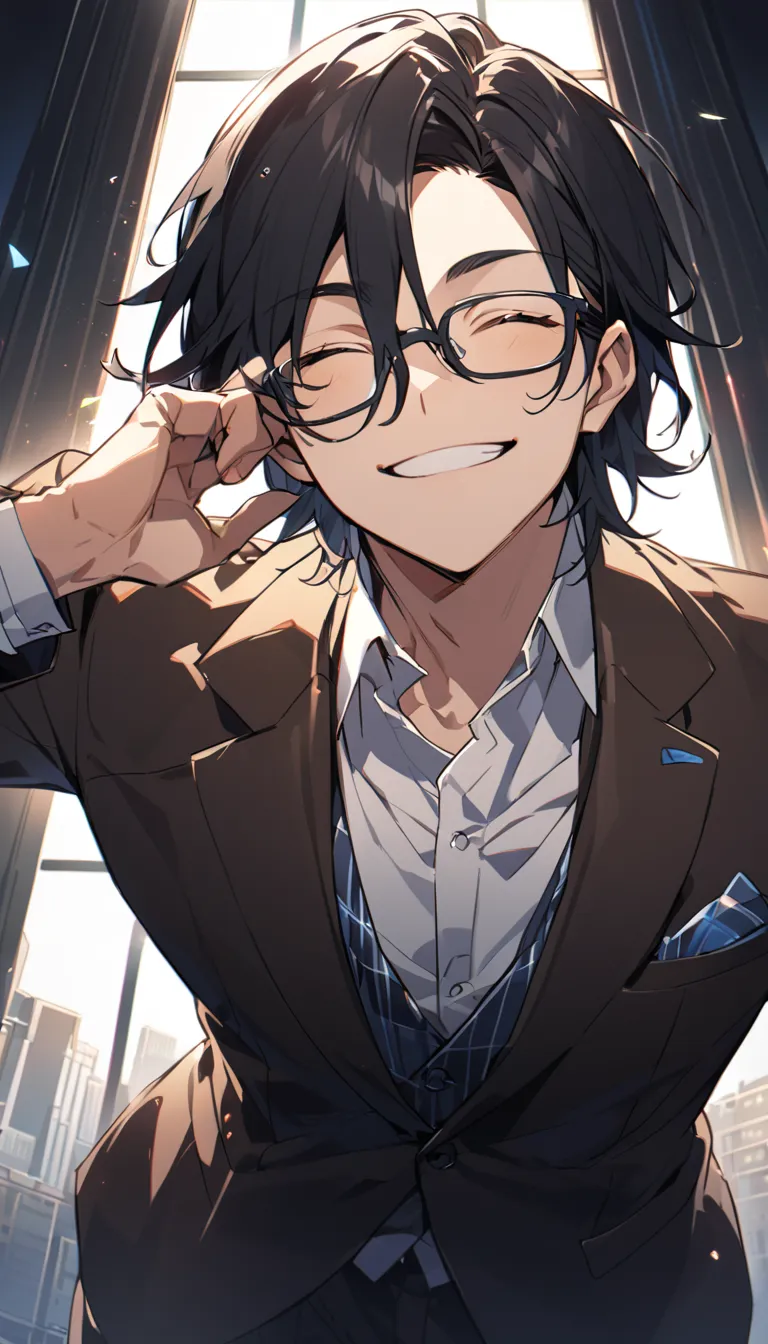 Man with eyes closed、Happy Smile、I wear glasses、I'm wearing a suit、 has split black hair、alone、angle from before