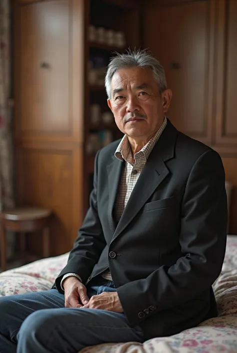 there is a man sitting on a bed in a room, zeng fanzh, jama jurabaev, 4 0 years old man, a photo of a man, khyzyl saleem, xiang duan, photo of a man, phong yintion j - jiang geping, azimov, mongolia, around 1 , xintong chen