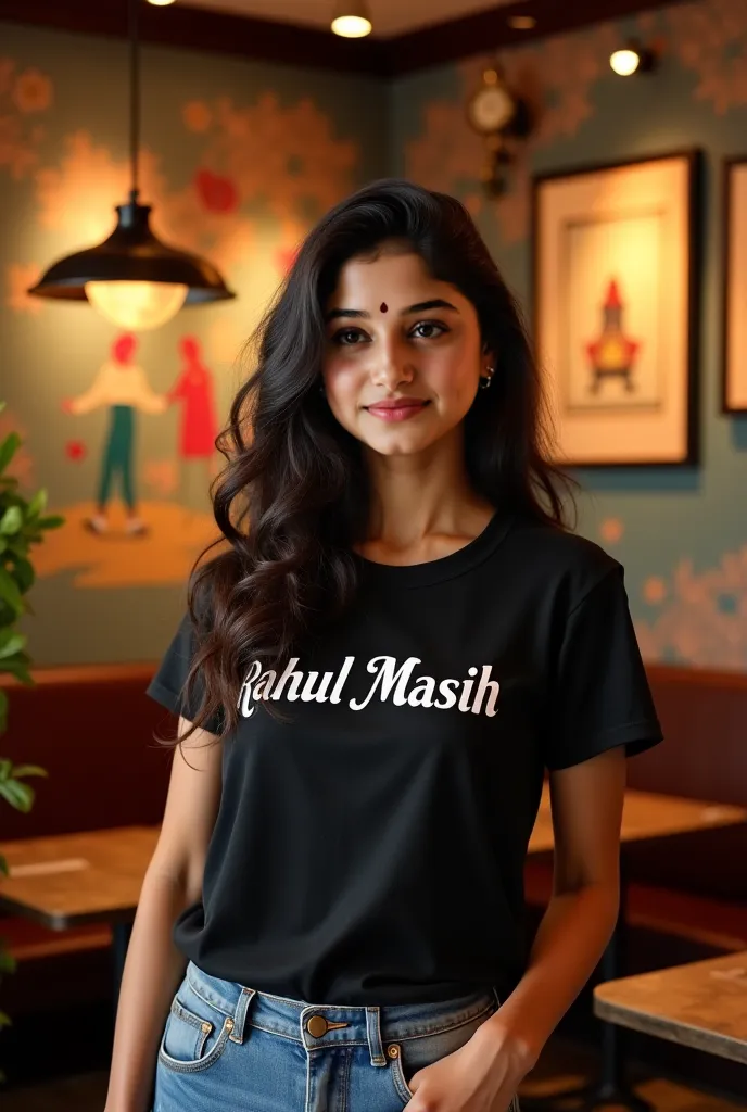 "A 25-year-old Indian woman named Muskan with fair skin, a heavy upper body, a slim waist, and a unique blend of Western and traditional fashion. She is wearing a stylish, well-fitted T-shirt with 'Rahul Masih' written on it. The background is a beautifull...