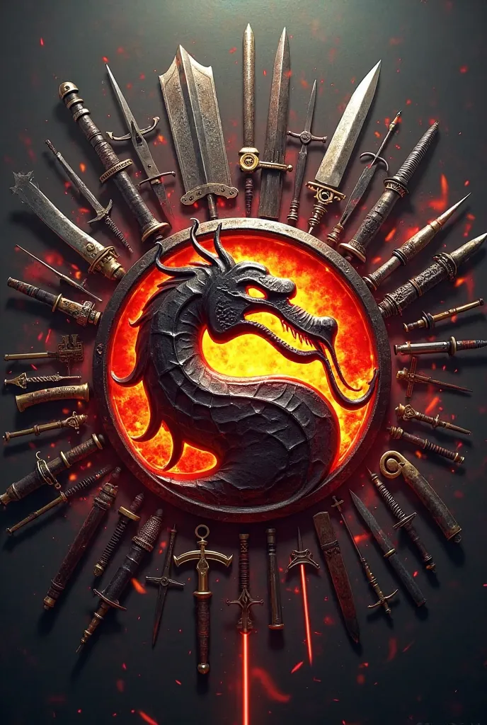 Wallpaper with the Mortal Kombat 1 logo and some weapons from the game 