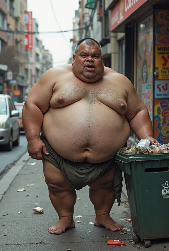 Fat Man，vagrant，nude，Sexy，Round Face，broken loincloth，My body is dirty ，Lots of people on the street，barefoot，sideways，Picking up trash in the trash can ，The expression is very disgrunned，Asians，Realism