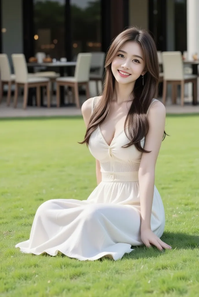 A photograph of an Asian woman wearing a white skirt, sitting on the lawn in front of an outdoor dining area with tables and chairs, smiling at the camera, with her long, straight, wavy brown hair hanging down to her shoulders. She is not wearing a hat or ...