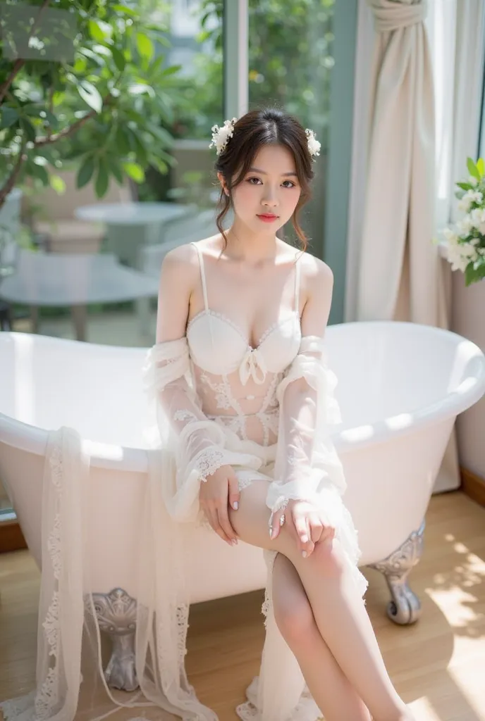 a young woman sitting elegantly on the edge of a white vintage bathtub. She is wearing a delicate white lace outfit with sheer, flowing sleeves, and the fabric drapes gracefully onto the floor. Her hair is styled in a loose, elegant updo adorned with small...