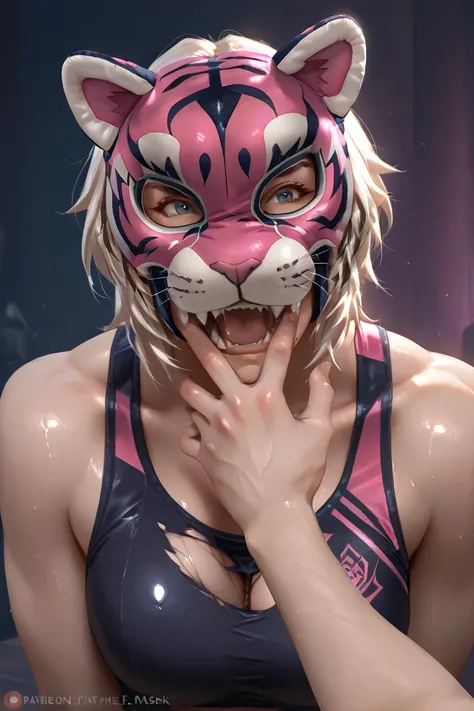 Two female wrestlers, one wearing Pink Tiger Mask and the other wearing Black Tiger Mask, ripped Pink Tiger Mask's mask by Black Tiger Mask.