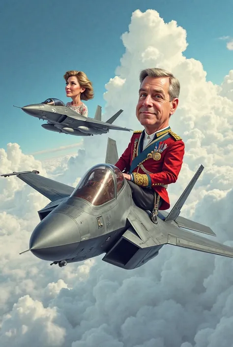 caricature of the King of England and his wife, the King of England is sitting on an F35 fighter flying in the sky and his wife is sitting on an F15 fighter flying in the sky.