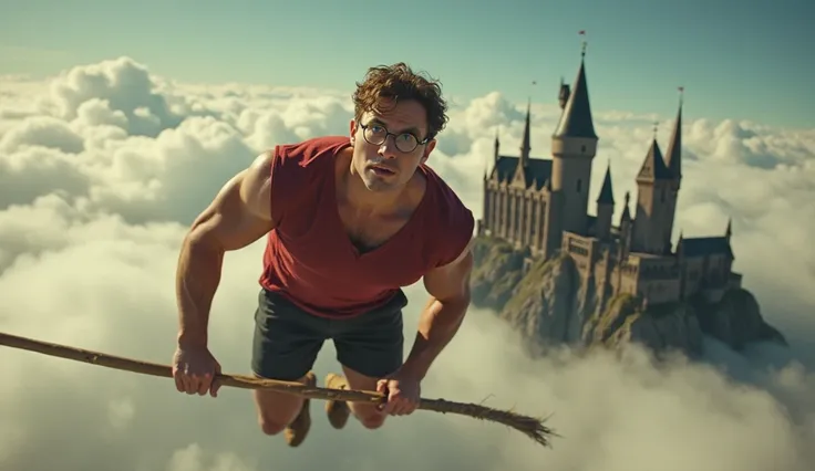 DVD screengrab from 1950's Super Panavision 70: Harry Potter, He is riding a flying broom, He is wearing glasses, He has a pumped up and muscular body like a bodybuilder, He is wearing the Gryffindor uniform, He is flying high in the clouds, Hogwarts Schoo...