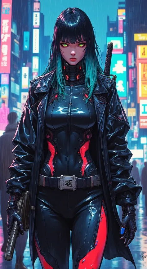 A young woman with a cyberpunk aesthetic walks through a futuristic neon-lit street under the rain. Her jet-black hair, with electric blue tips, frames her pale face and intense gaze, with glowing green eyes that seem almost otherworldly. She wears a black...