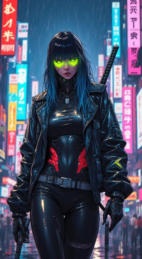 A young woman with a cyberpunk aesthetic walks through a futuristic neon-lit street under the rain. Her jet-black hair, with electric blue tips, frames her pale face and intense gaze, with glowing green eyes that seem almost otherworldly. She wears a black...