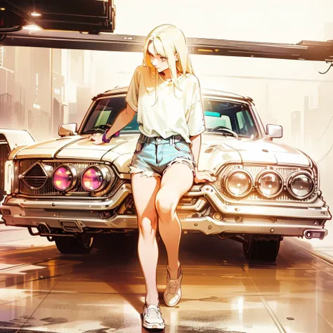 blond woman in short shorts leaning on a car with her legs crossed, aurora aksnes, low view, promo shot, promo shoot, sitting in her car, album cover!, photo from a promo shoot, promo art, ava max, standing in front of lowrider, toned, promo still, photo s...