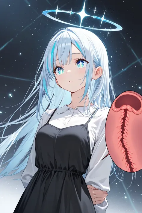 ((masterpiece)), (Highest quality), ( exhaustive), (1 girl), (Internal Data Stream) light blue gradation hair, Light blue sparkling eyes ,  straight hair ,  wearing a modern white shirt and black dress,  covered in data particles , Locked around the neck