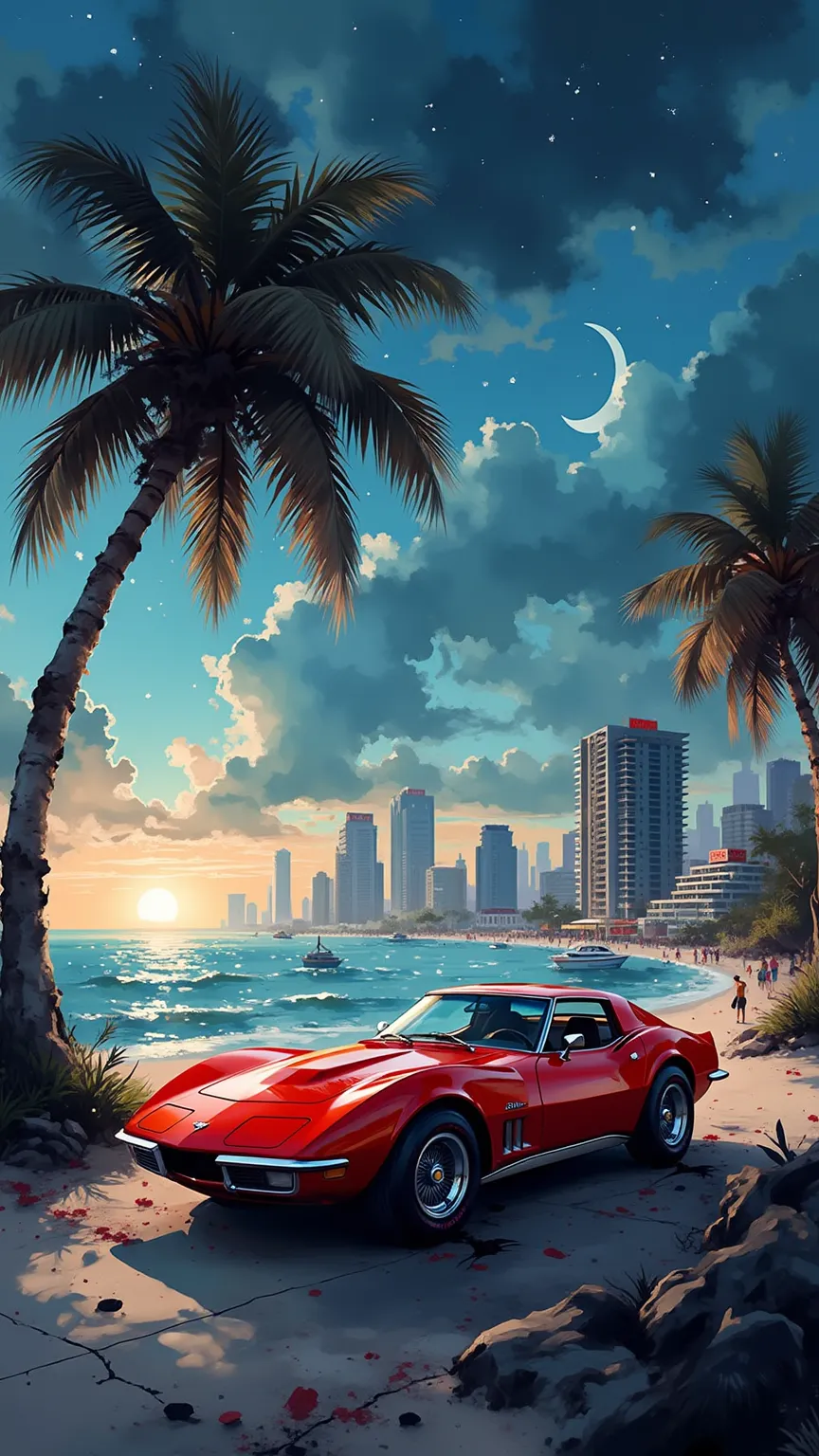 80's city pop art,  night view, Miami Beach, (Wind Line ), palm tree,  particle, The world of the TV drama Miami Vice, 1973 Ferrari Daytona red 365、 sea, pier,   . ( masterpiece, TOP QUALITY:1.2)masterpiece, high detail, Ultra High Definition, Overlooking,...