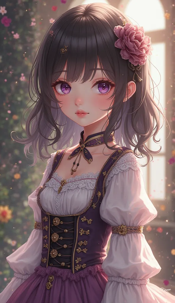  Small anime girl  , pale skin, purple eyes shirt, dark brown hair, with medieval clothes