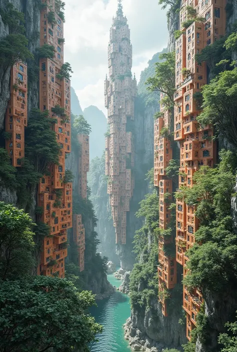 9:16. Create 1 super architecture in ceramic wall 14 vertical buildings on the left , 14 vertical buildings on the right. 1 main building in the middle. All suspended in Vietnam, So beautiful 