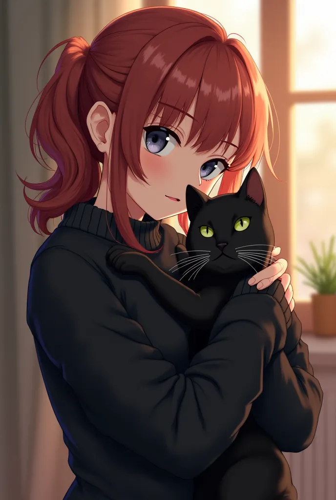 asuna anime, with a black sweater and a black cat in his hands
