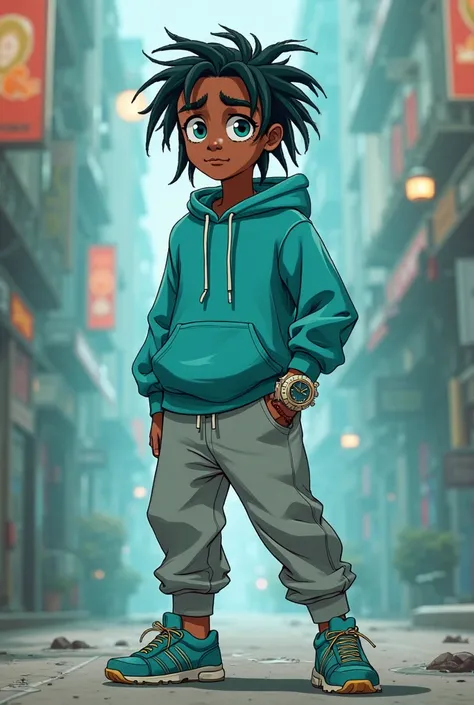 A black 17 yr old boy, turquoise dreads, baggy turquoise hoodie, baggy Grey sweatpants, comfy shoes, blue eyes, baggy eyes, has a hi tech artistic wrist watch that gives him every power imaginable but usually uses art powers and toon force powers and shape...