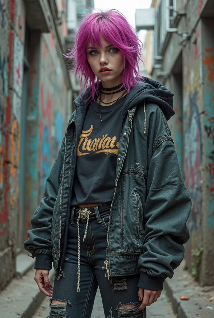 Lots of grunge streetwear outfits of a pale girl with magenta hair