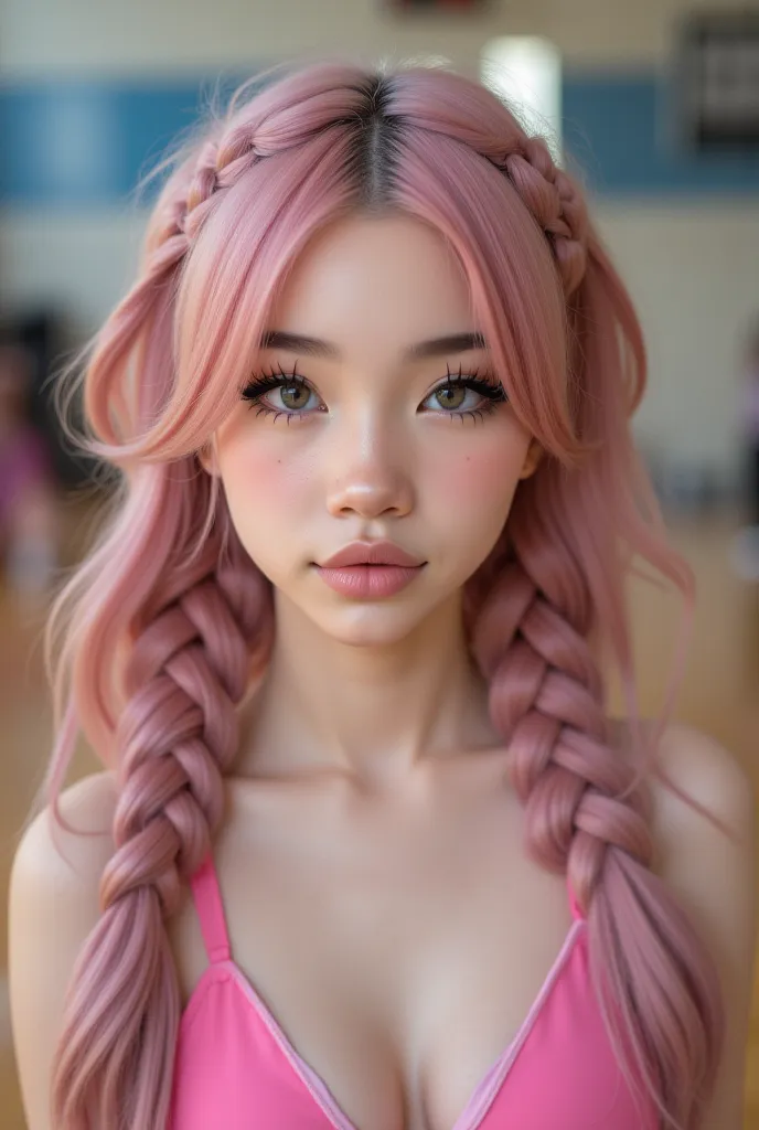 (photorealistic, raw, film photo, unsaturated) portrait of beautiful young korean woman, 18 years, cheerleader, in gymnasium,  (short skirt), sharp focus, detailed features and eyes, long pink hair in braids,  heavy make-up,  mascara, long eye-lashes, big ...