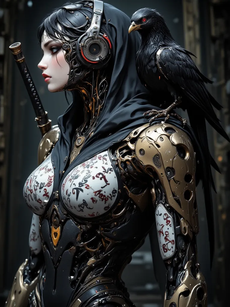 Beautiful Big Breasted Girl, Lip and Nose Piercing, Headphones, Full Body of Colorful Tattoos, Hoodie with Graphics, Holding Katana Full of Arabic Script. Robot Sparrow perched on Shoulder.
random background
(masterpiece, best quality, Professional, perfec...