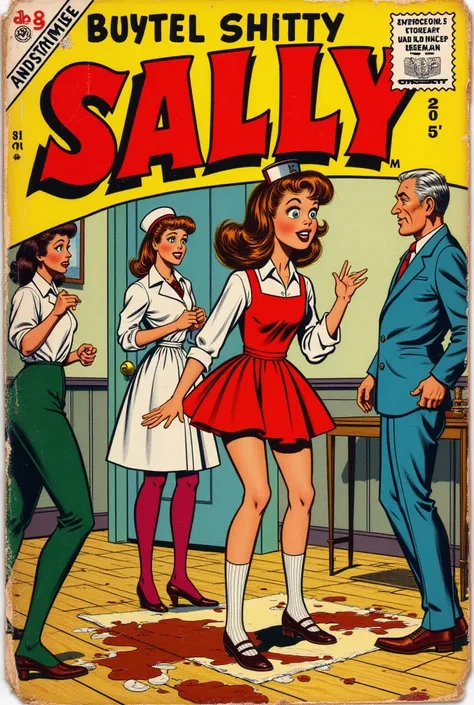 vintage 60s comic book, "SHITTY SALLY", classic funny style comic book font, stroke embossed border, torn cover, worn, collector's item, (show price and publisher logo), cute sweet girl in red dress, ankle socks, saddle shoes, she is at the doctor's office...