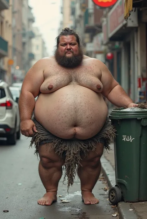 Fat Man，vagrant，nude，Sexy，Round Face，broken loincloth，My body is dirty ，Lots of people on the street，barefoot，sideways，Picking up trash in the trash can ，The expression is very disgrunned，Asians，Realism