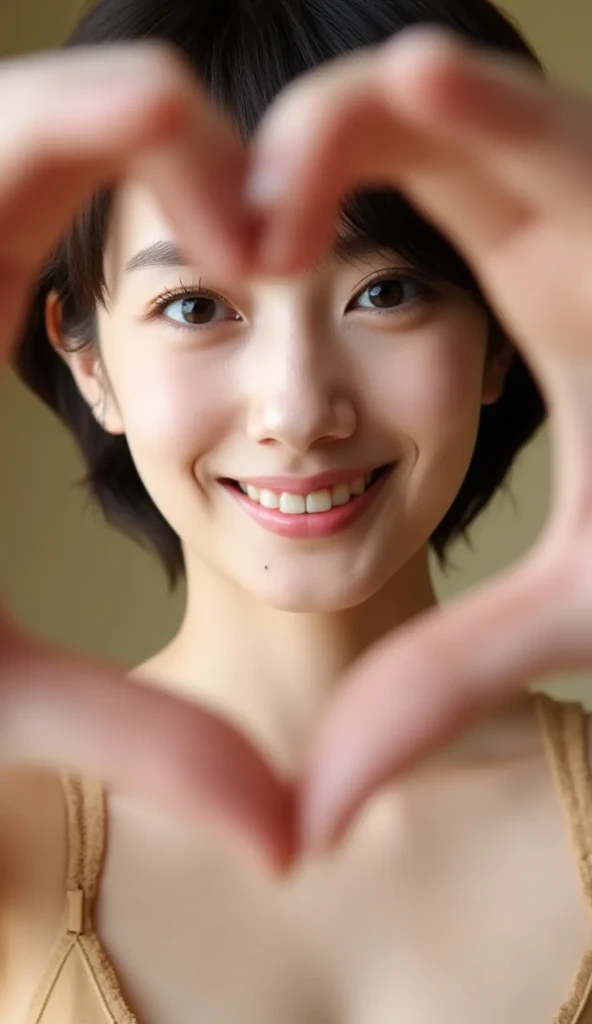 She wears a camisole, makes a heart shape with both hands, and poses in front of her chest, Close-up shot of winking and smiling