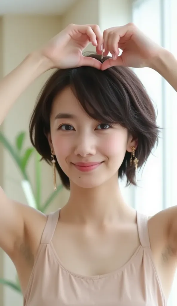 She wears a camisole, makes a heart shape with both hands, and poses in front of her chest, Close-up shot of winking and smiling