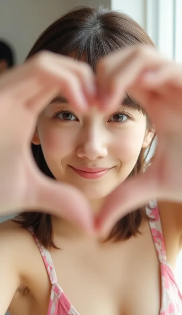 She wears a camisole, makes a heart shape with both hands, and poses in front of her chest, Close-up shot of winking and smiling