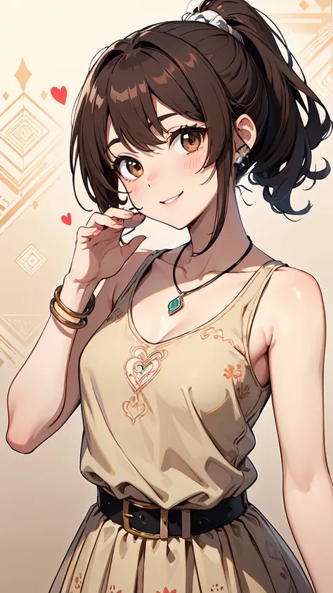 brown hair perm ponytail、Brown Eyes、smile、 shake head。cute pose。Zentangle patten tank top、 thick belt、Beige Tulle Long Skirt。Sabo 。Heart Glowing Necklace、Stylish Decorative Bracelet。 heart pattern background。
全身を入れた元気なcute pose。

is anatomically correct, h...