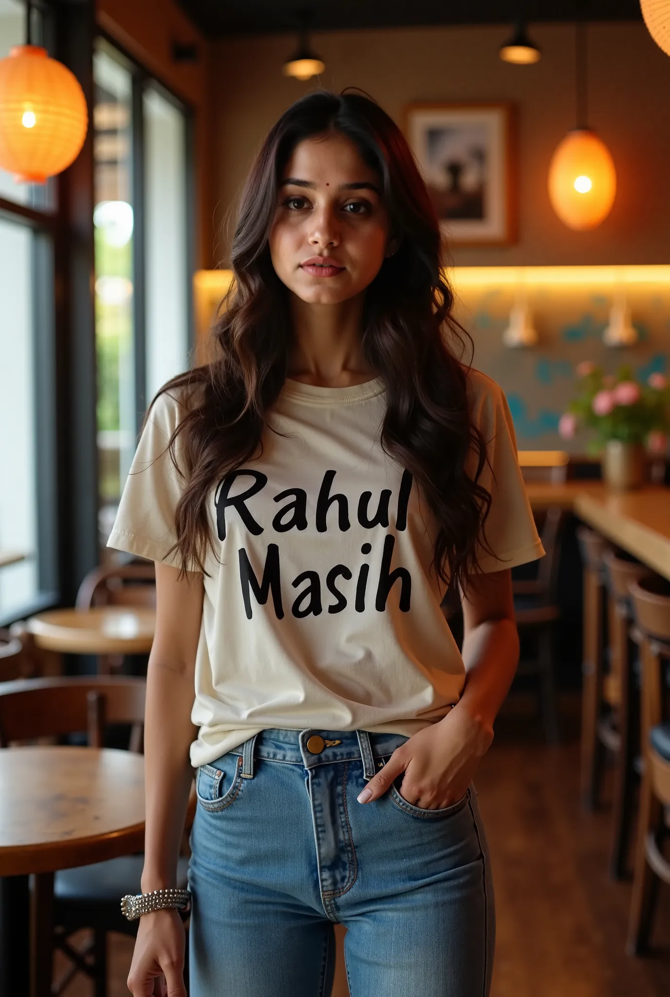 "A 25-year-old Indian woman named Muskan with fair skin, a heavy upper body, a slim waist, and a unique blend of Western and traditional fashion. She is wearing a stylish, well-fitted T-shirt with 'Rahul Masih' written on it. The background is a beautifull...