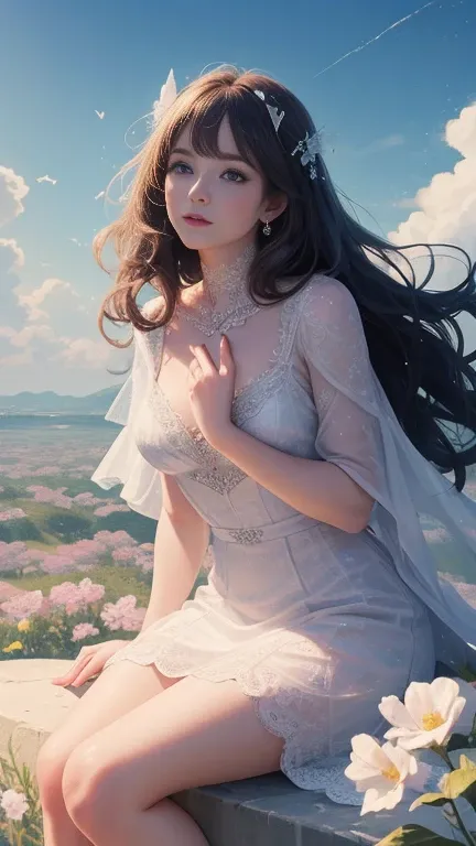 anime、kawaii"An surreal girl is sitting in a vast flower field. She is holding a colorful bouquet of flowers, and in the background there is a blue sky with white clouds. Butterflies are fluttering in the sky, and sparkling light particles are floating in ...