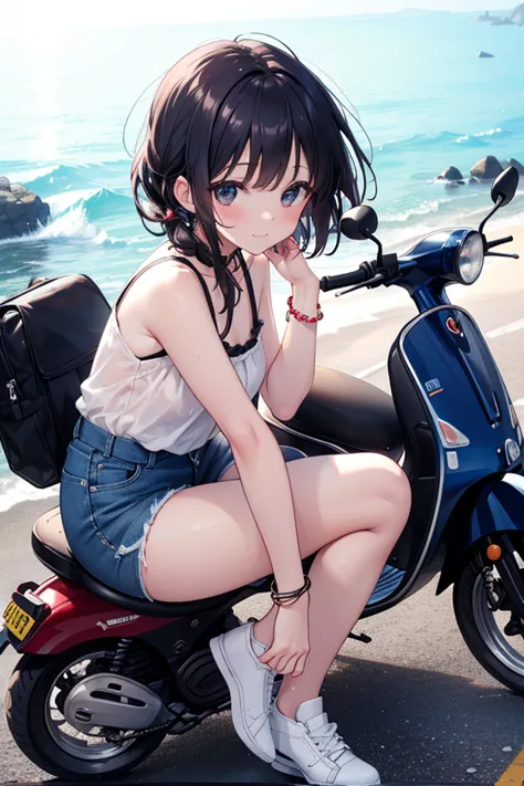 Anime style, super fine illustration, highly detailed, dynamic angle, beautiful detailed, 8k, perfect anatomy. A Vespa scooter rides along a sandy coastal road on a summer morning. The road is wet after the rain, and she rides slowly with a joyful smile. H...