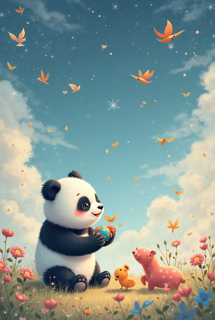 Background clouds with starlight. there is a cute panda playing with the toys, then cute birds flying and butterfly. Then the cute panda following the butterflies happily 