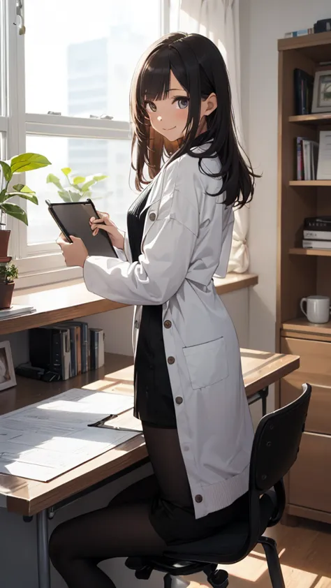 1girl, doctor, white lab_coat, sweater, tight skirt, pantyhose, light smile, looking back, sitting on chair, indoor, clinic, desk, cabinet, coffe_mug, clipboard, pen, book, curtain, window, plant