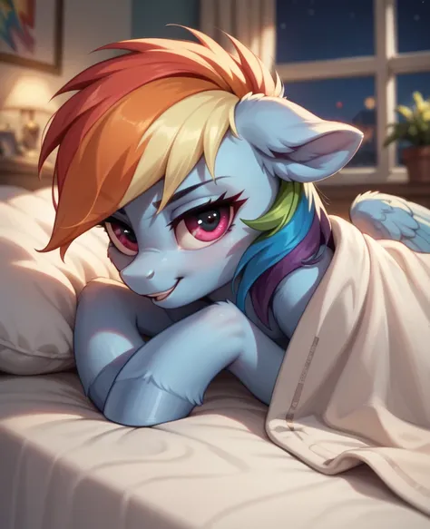 rainbow dash de mlp , pony, furry , With wings colored hair , , with a blanket , invites spectator, in a bedroom at night. sideways, from side, POV Bed invitation bed