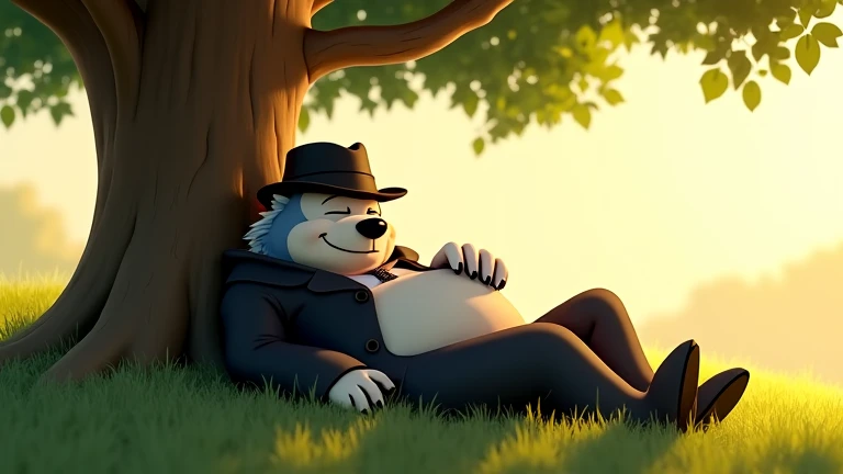 A cunning humanoid wolf, wearing a black coat and a fedora hat, is sleeping soundly under a large tree in a lush countryside. His belly is bloated and round, rising and falling with each deep snore, showing that he has eaten too much. His hat is slightly t...