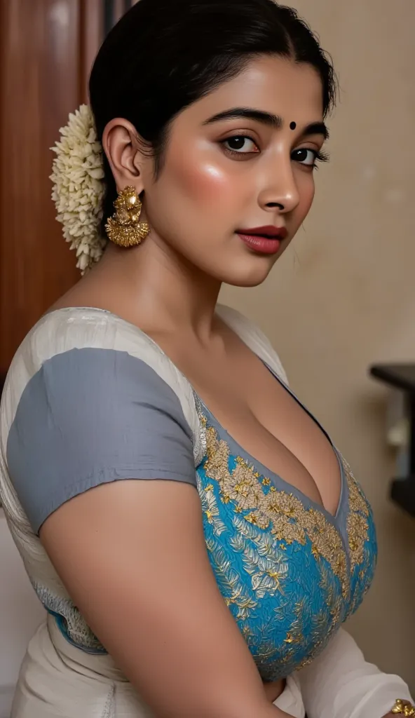 Side view of a mature Hindu milf sitting on a table looking at camera, with lust in her eyes, black hair tied around, flowers in head,sandal mark on forehead, sindhur on forehead (vermilion mark on forehead in the middle of hair partition,transparent white...