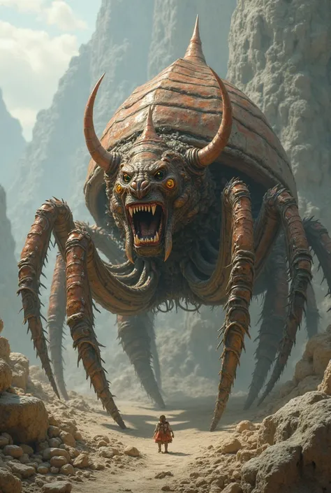 monster similar to a scorpion and spider and similar to an armadillo, centipede and 900-meter burly lion. lion head, eight legs like spiders, long and flexible tail with a scorpion-like spire, hard shell like the armadillo, corpulent and segmented body and...