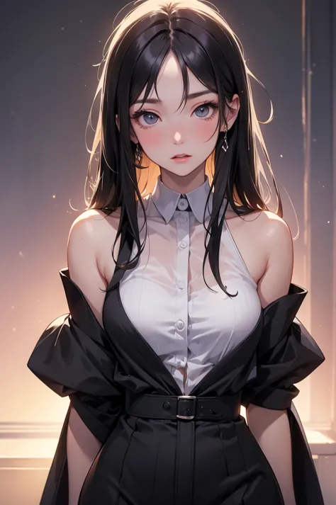 "A detailed anime-style illustration of a seductive Thai university student girl in a college uniform with a flushed face, half-lidded eyes, and a slightly open mouth, revealing a teasing expression. Long black hair, white shirt, Her cheeks are blushing de...