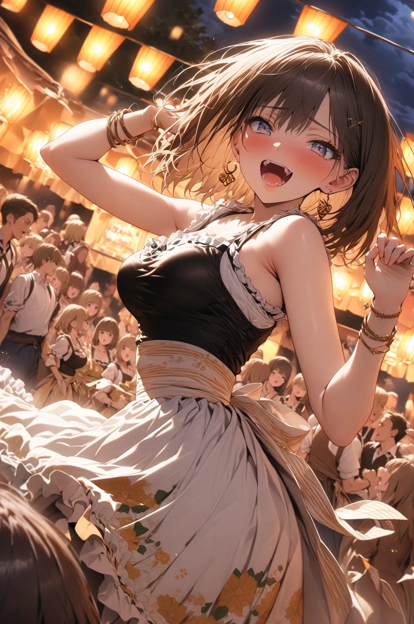 (masterpiece, detailed:1.2), One Girl, (18-years old), brown long Bob Cut, Medium Breasts, bracelet, earring, BREAK, Highest quality, October fest, Dirndl, BREAK, Random Poses, Random angle, Random focus, BREAK, motion lines, at night