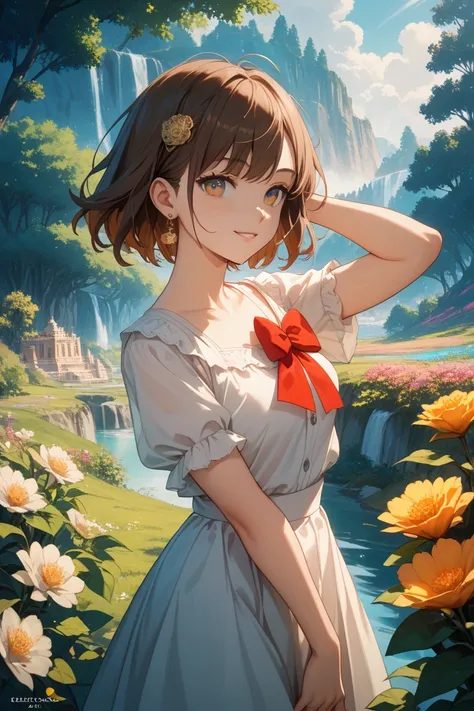 beautiful girl、anime style、short brown hair、In the landscape、relaxed pose、bright color、clear facial features、High level of detail、Fantastic Atmosphere